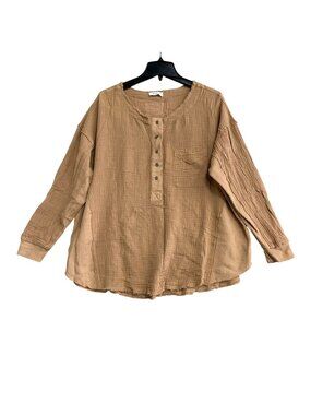 Blu Ivy Women's M Gauze Henley Long Sleep Top Tan 100% Cotton P0082